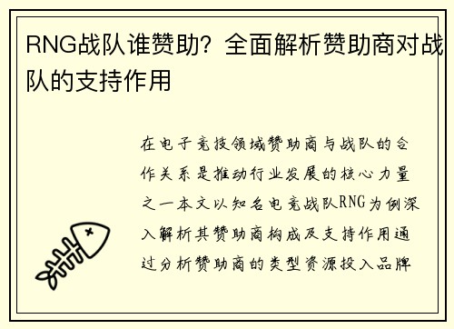 RNG战队谁赞助？全面解析赞助商对战队的支持作用